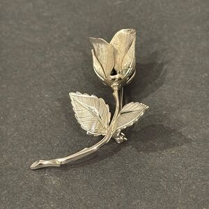 Vintage Giovanni Long Stemmed Rose Pin Brooch Silver Toned
